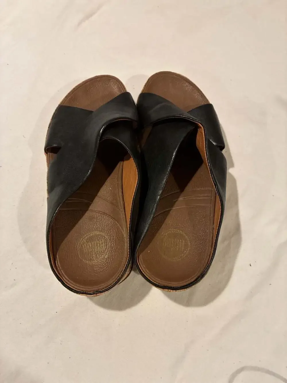 FitFlop Women's Black Leather Cross Slide Wedge Sandals